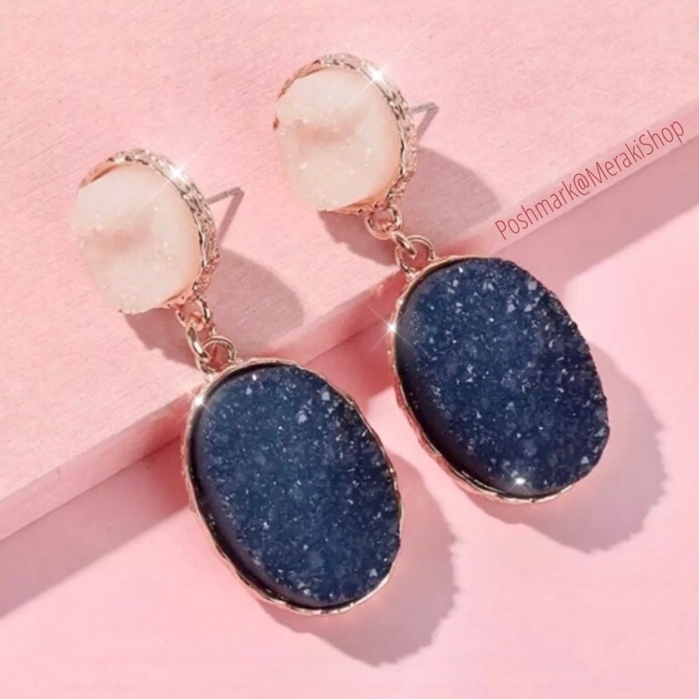 Anthropologie Gold Plated Navy Blue Cream Druzy Drop Earrings